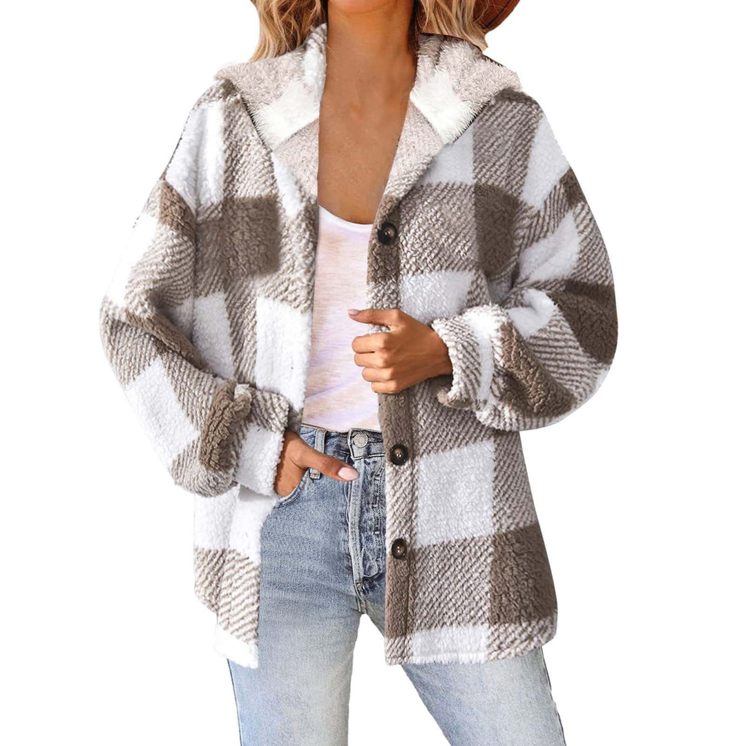 Damen nan kuschelige karierte Teddyjacke mit Kapuze, Knopfverschluss und oversized Schnitt Drune