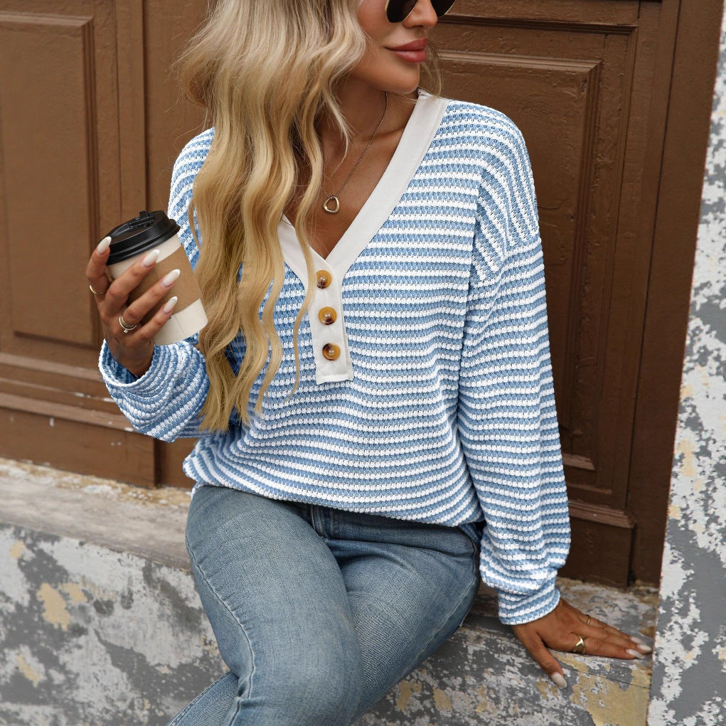 Damen lässiges V-Ausschnitt Langarmshirt mit Knopfdetails Drune
