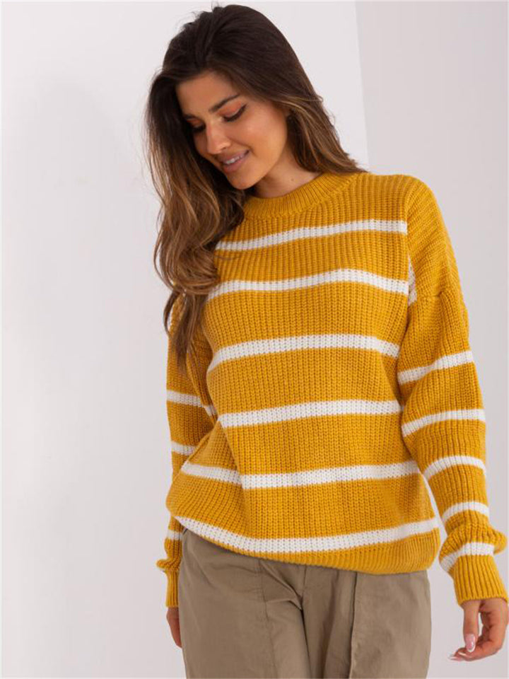 Damen Grobstrickpullover mit lässigem Streifenmuster und rundem Halsausschnitt Drune
