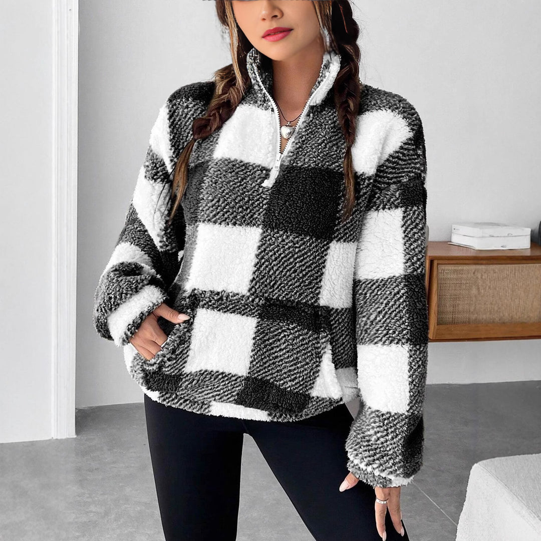 Damen nan kuscheliger Sherpa-Pullover mit Stehkragen, Half-Zip und Kängurutasche Drune