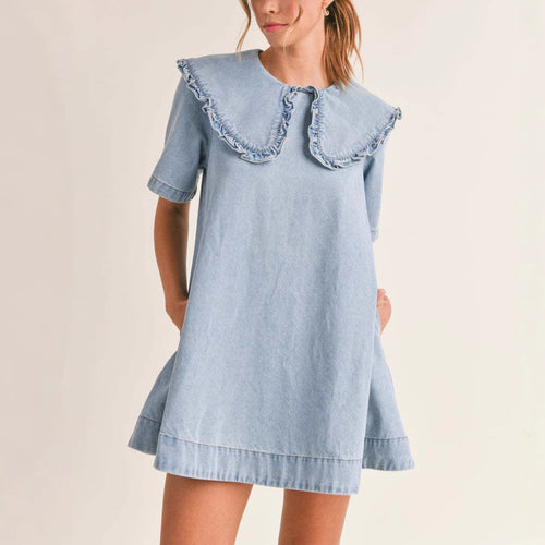 Damen Jeanskleid mit eleganter Rüschenkragenverarbeitung Drune