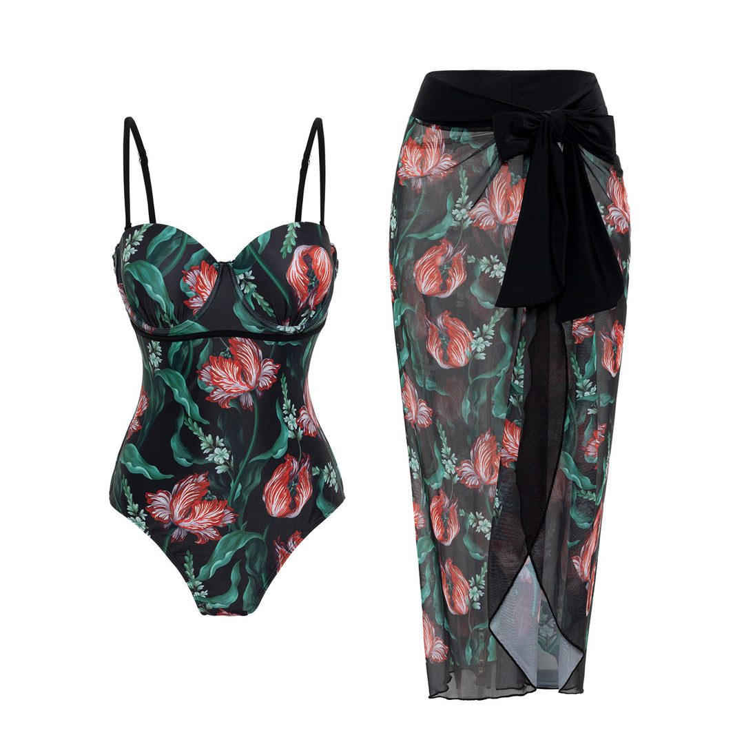 Damen Bademode mit floralem Muster und transparenter Sarong-Hülle Drune