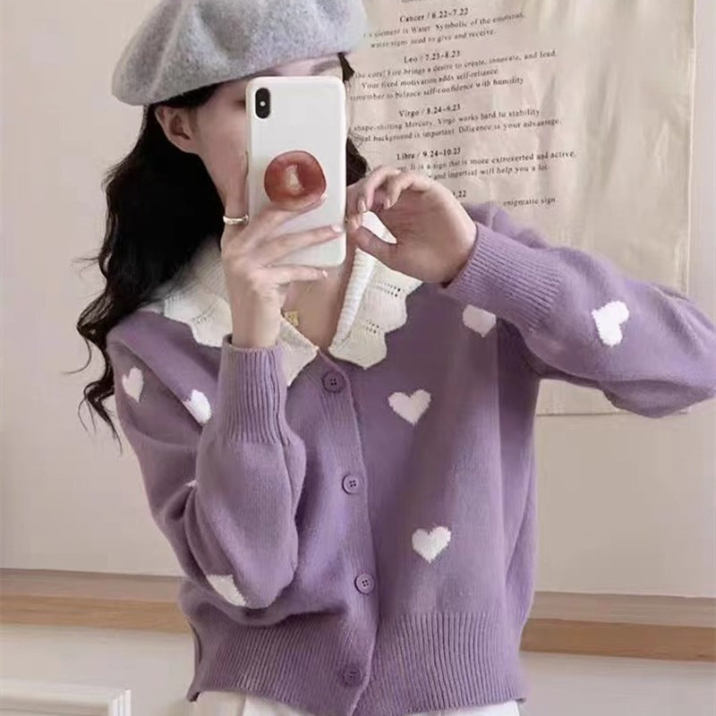 Damen Strickjacke mit Herzmuster und klassischem Kragen Drune