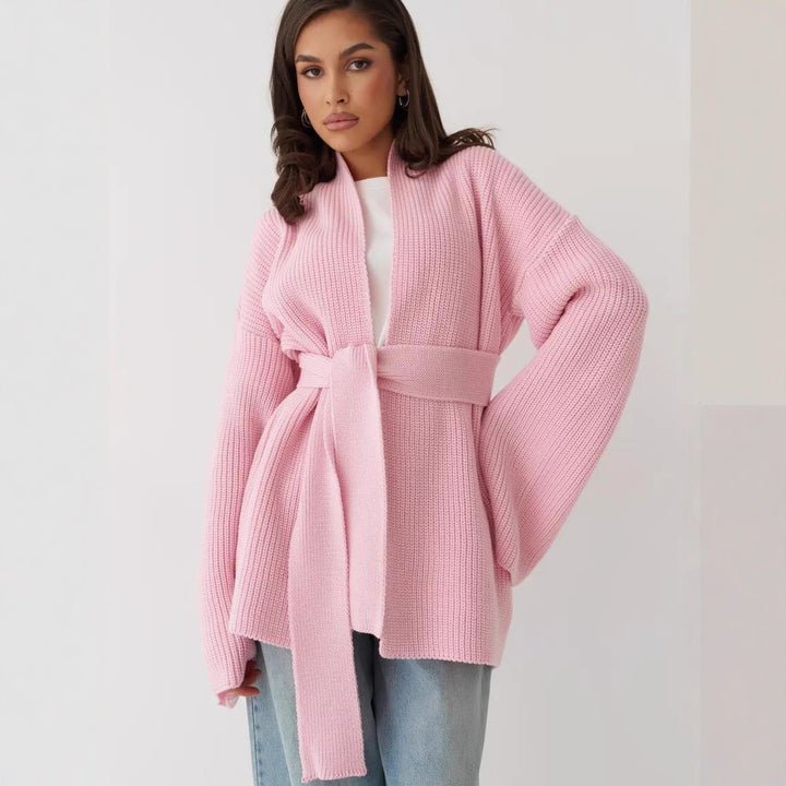 Damen Strickjacke mit Bindegürtel und weit geschnittenen Ärmeln Drune