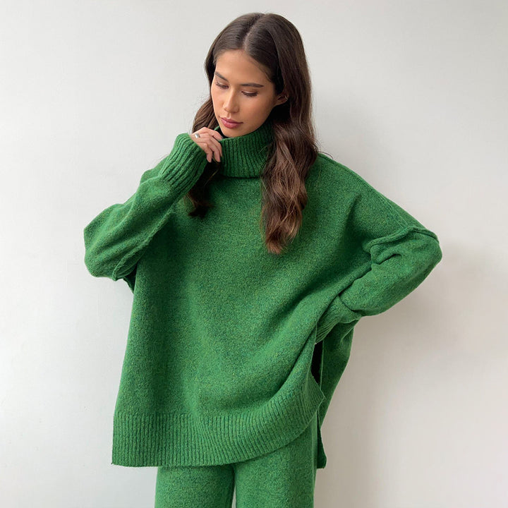 Damen Lässiger Strickanzug mit hohem Kragen und weitem Bein Drune