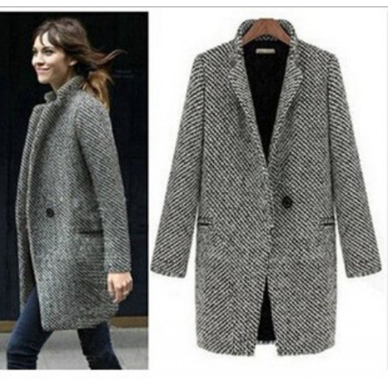 Damen eleganter Herringbone-Mantel mit Taschen Drune