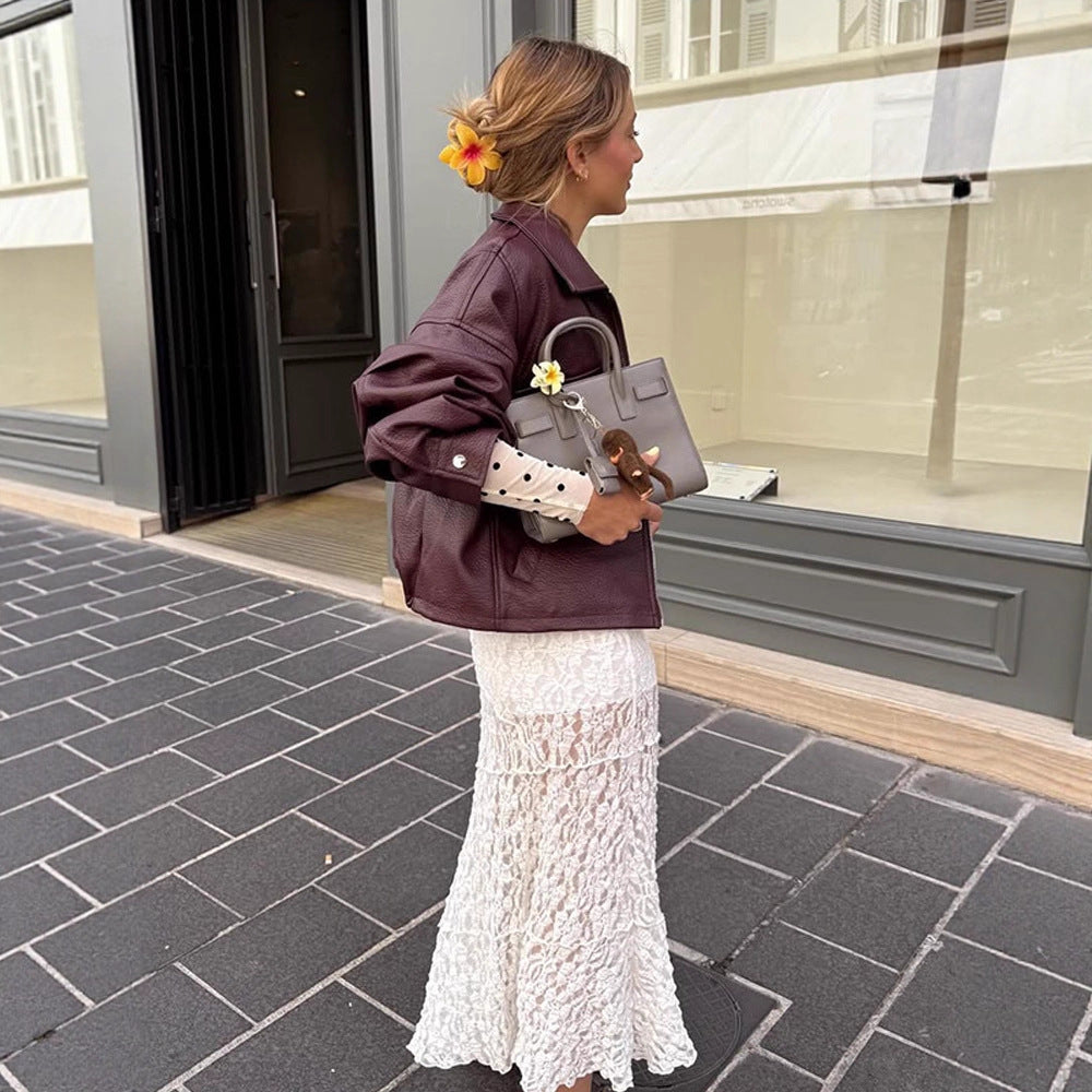 Damen lässige cropped Kunstlederjacke mit voluminösen Ärmeln Drune