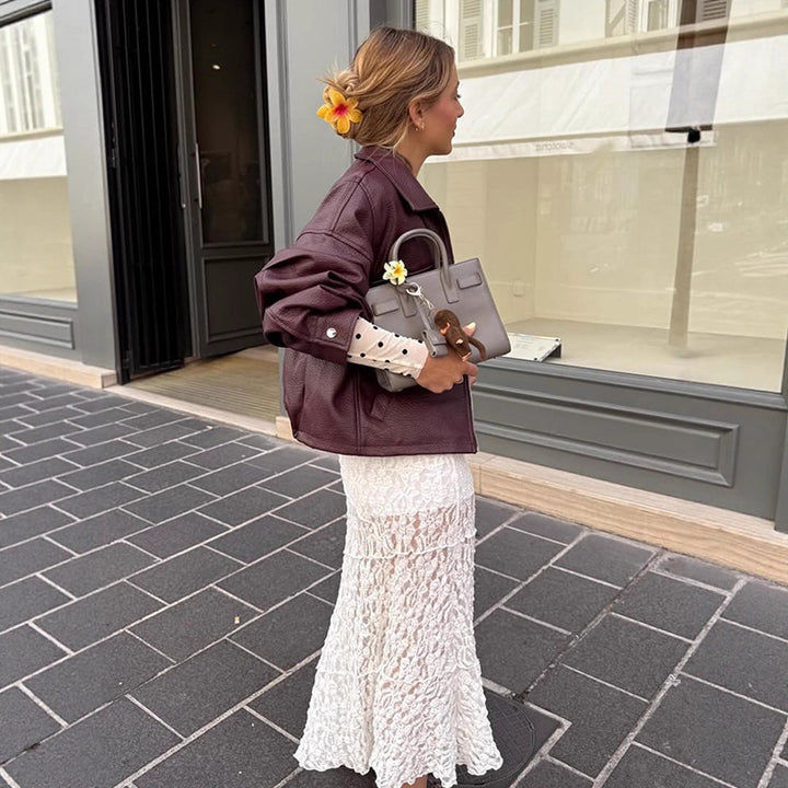 Damen lässige cropped Kunstlederjacke mit voluminösen Ärmeln Drune