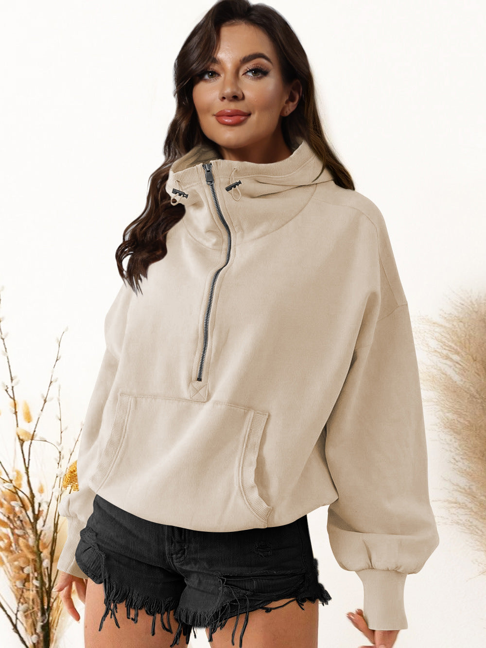 Damen sportlicher Kapuzenpullover mit halbem Reißverschluss und funktionalen Taschen Drune
