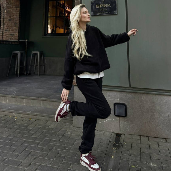 Damen Fleece Loungeanzug mit weiten Ärmeln und gemütlichem Schnitt Drune