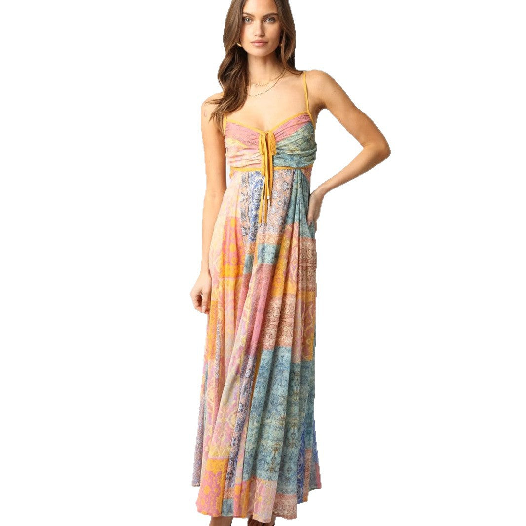 Damen nan bodenlanges Maxikleid mit gerafftem Bustier, Tunnelzug und Patchwork-Print Drune