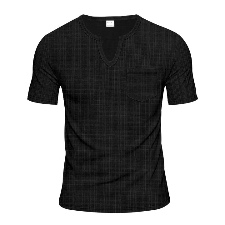 Herren nan Kurzarmshirt mit geschlitztem V-Ausschnitt strukturierter Leinenoptik und aufgesetzter Brusttasche Drune