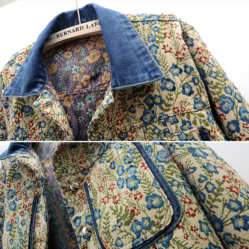 Damen Blumenmuster Denimjacke mit aufgesetzten Taschen und Kragen Drune