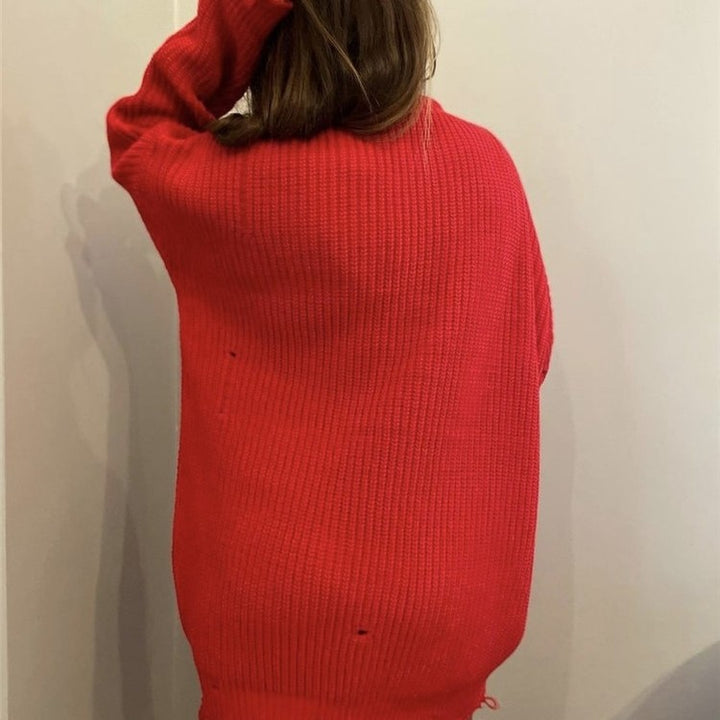 Damen lässiger Langpullover mit strukturiertem Rippdesign und offenen Säumen Drune