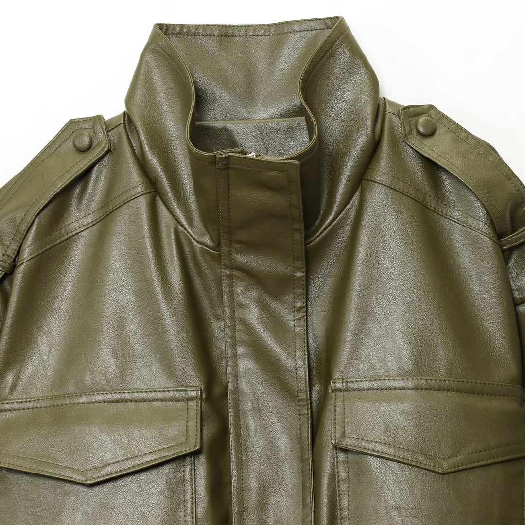 Damen cropped Kunstlederjacke mit praktischen Taschen und Stehkragen Drune