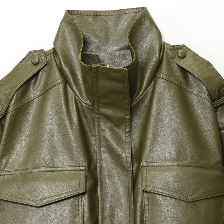 Damen modische cropped Bikerjacke mit Schulterklappen und großen Taschen Drune