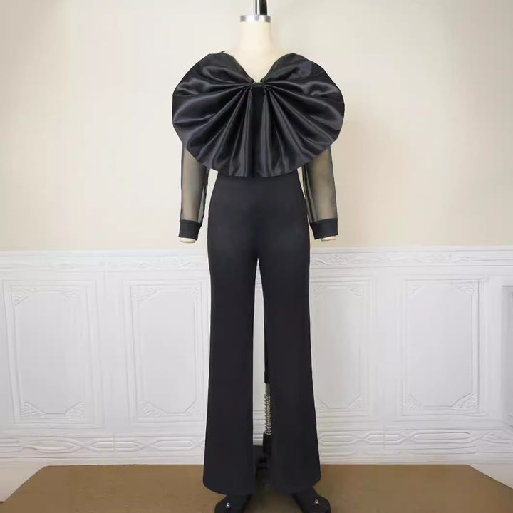 Damen eleganter Jumpsuit mit voluminösem Satinkragen und transparenten Ärmeln Drune