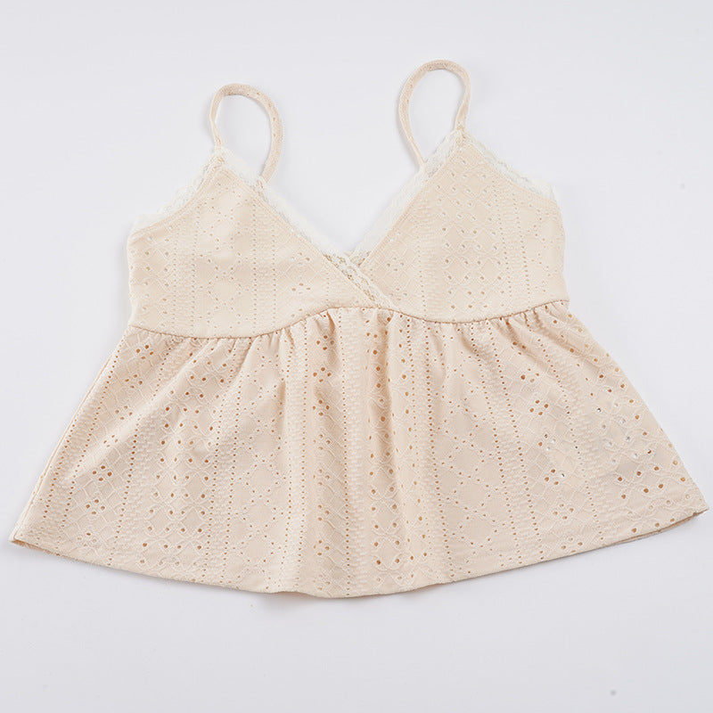 Damen Spaghetti-Trägertop mit feinem Spitzendetail und luftiger Baumwollstruktur Drune