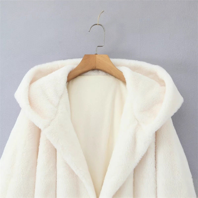 Damen kuschelige Fleecejacke mit Kapuze und Gürtel Drune