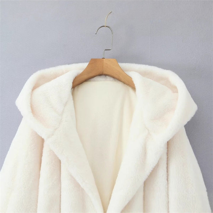 Damen kuschelige Fleecejacke mit Kapuze und Gürtel Drune