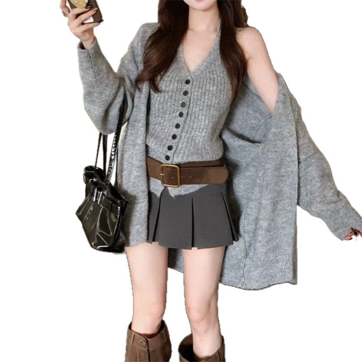 Damen Grobstrickjacke mit abnehmbaren Ärmeln und Knopfdetails Drune