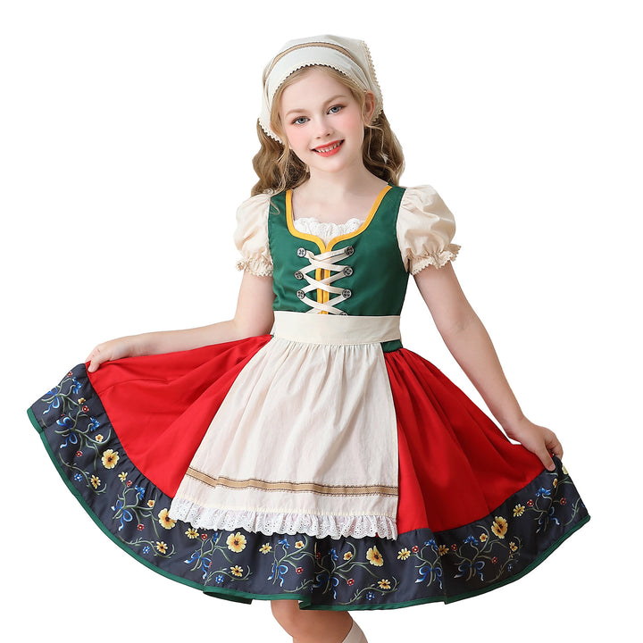 Damen nan traditionelles Kinderdirndl Kleid mit dekorativer Schnürung Schürze und Spitzenkopftuch Drune