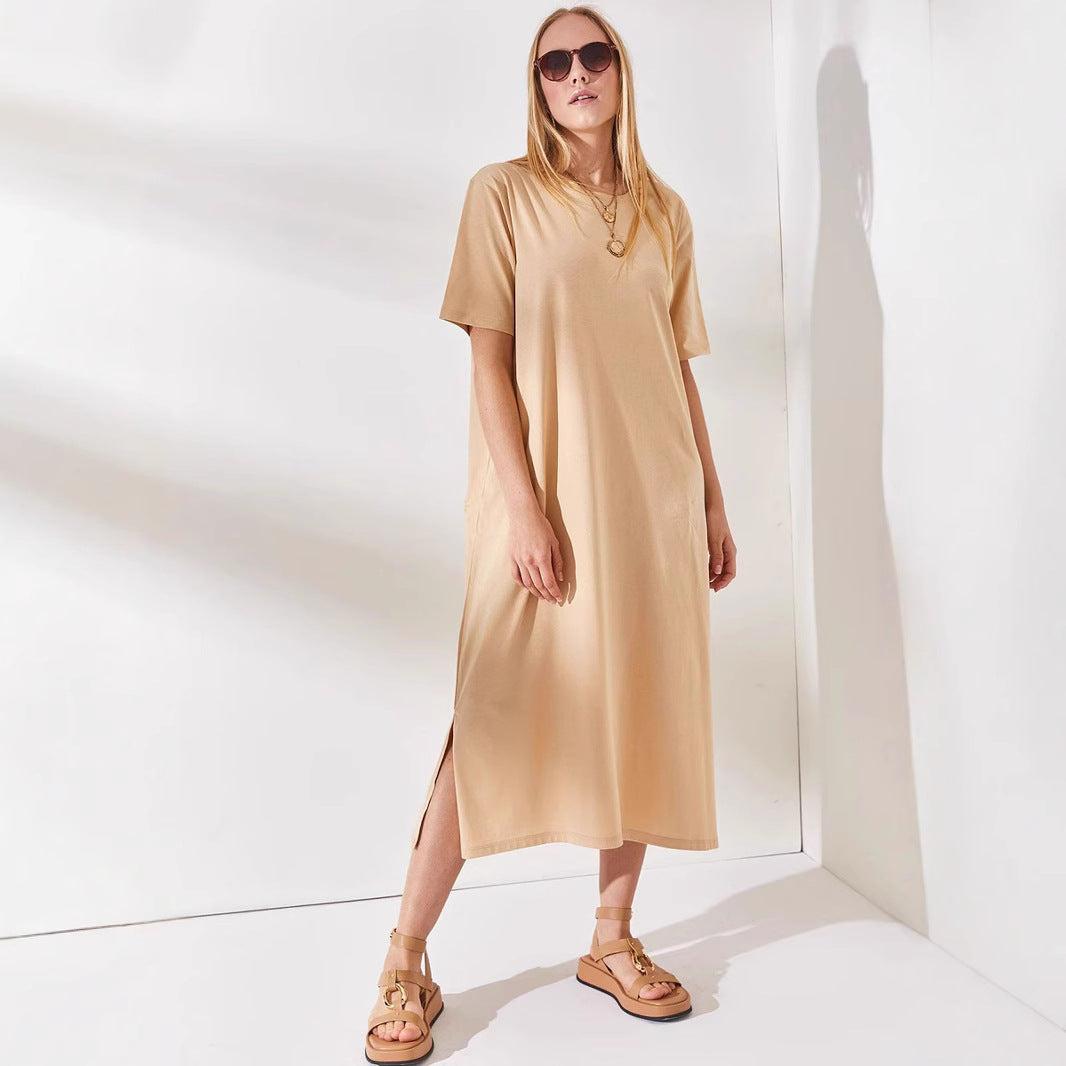 Damen schlichtes langärmliges Kleid mit seitlichen Schlitzen und komfortablem Schnitt Drune