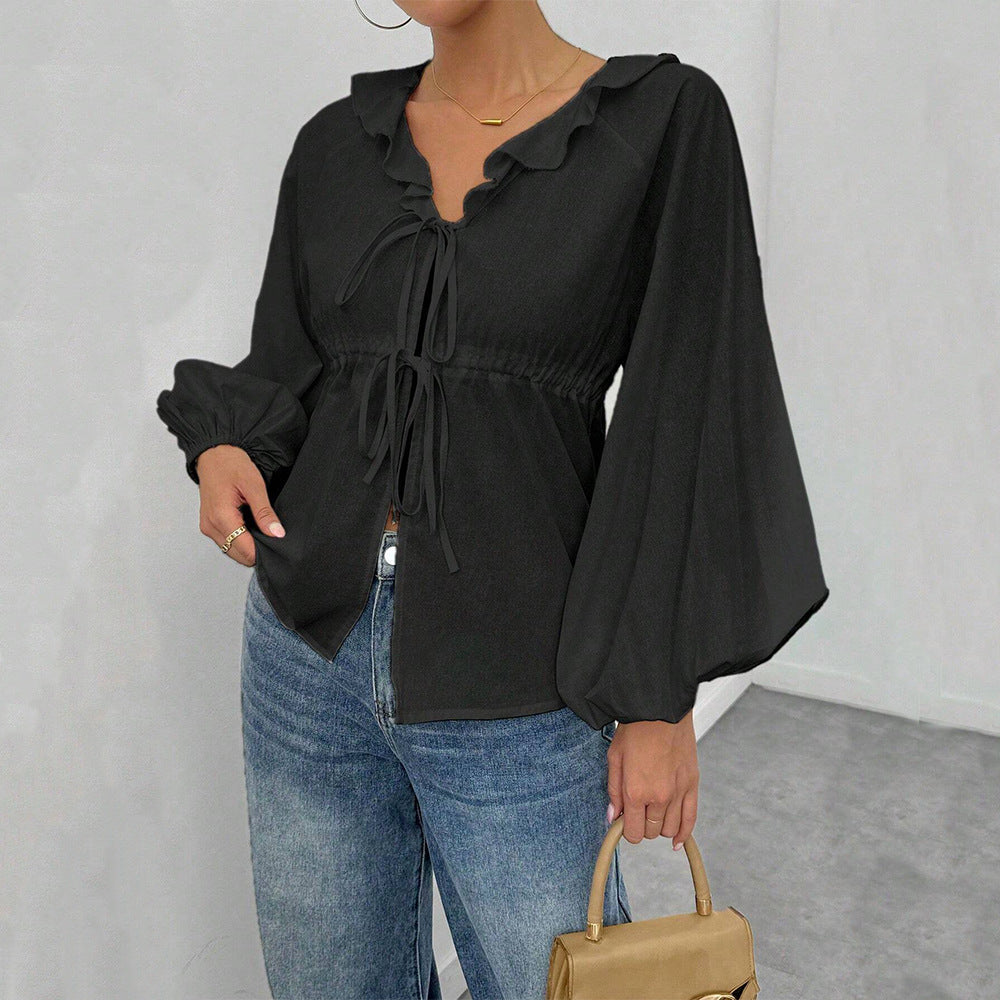 Damen blusenförmige Shirtjacke mit voluminösen Ärmeln und Rüschendetails Drune