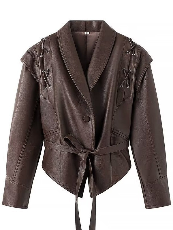 Damen taillierte Kunstlederjacke mit verspieltem Schnürdetail Drune