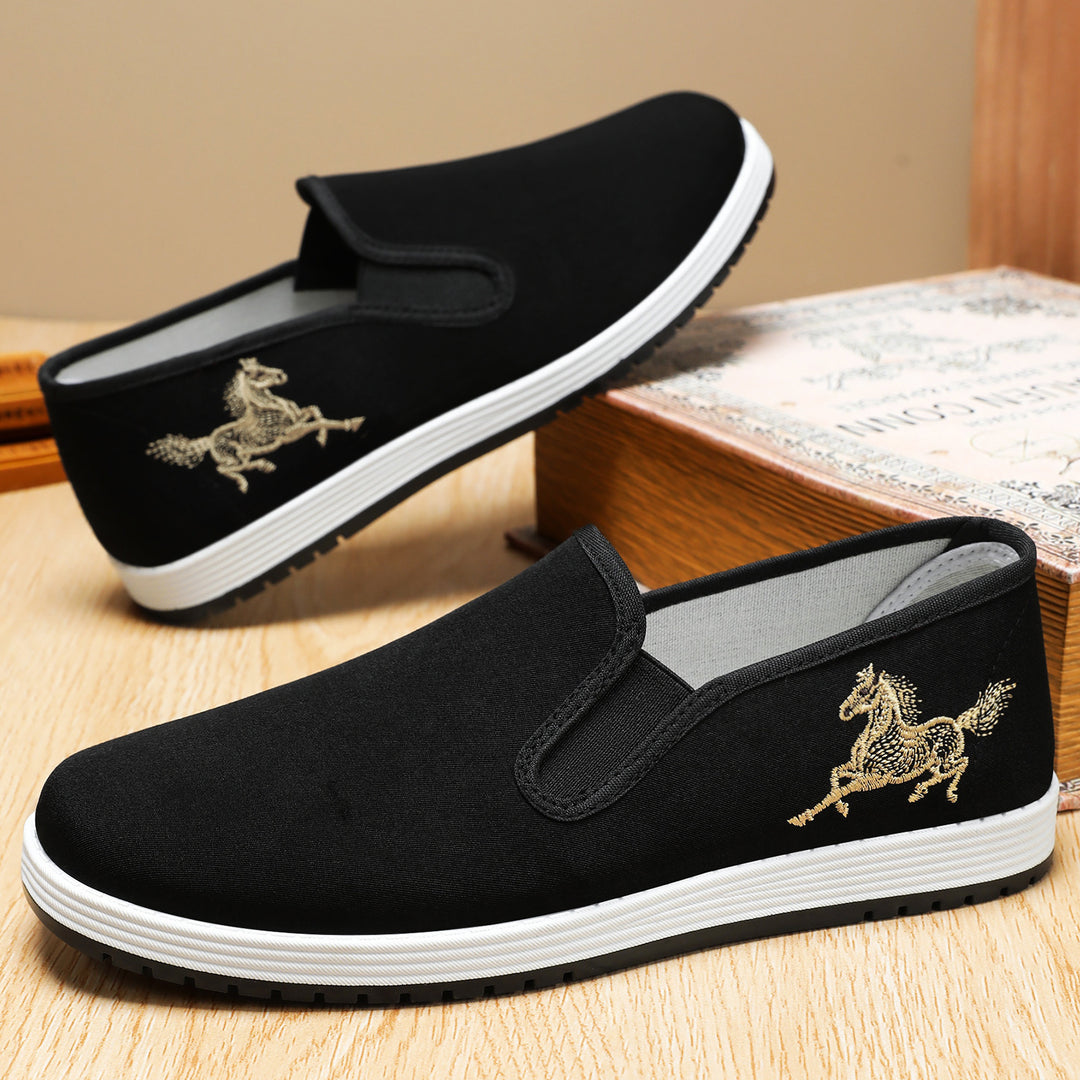 Damen nan leichter Slip-On Canvas-Sneaker mit elastischem Einstieg und bestickter Pferde-Applikation Drune