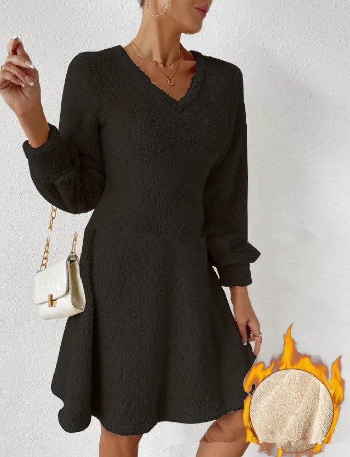 Damen Flauschiges V-Ausschnitt Kleid mit langen Ärmeln Drune