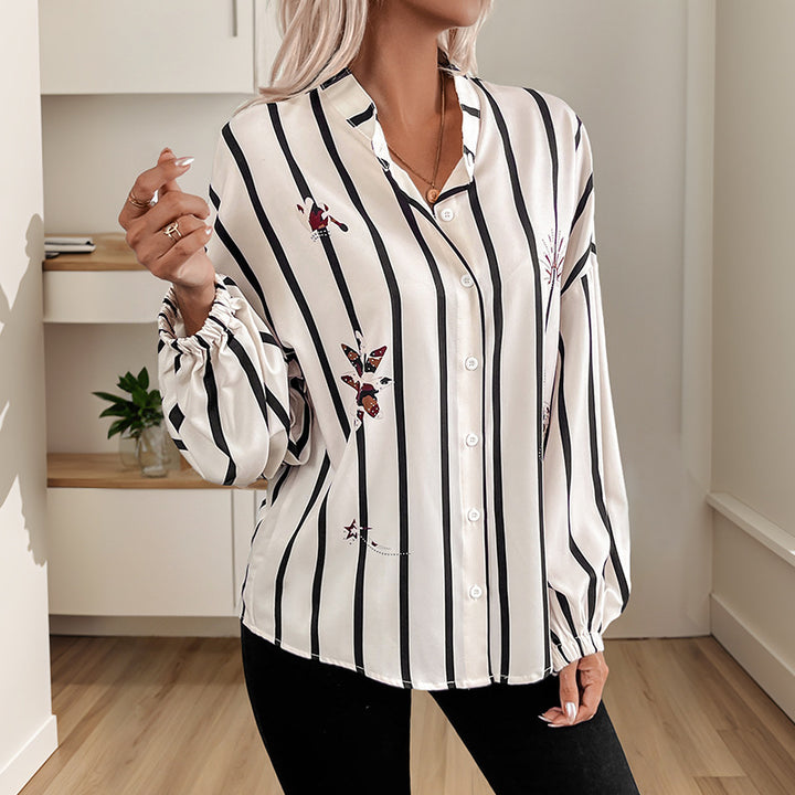 Damen gestreifte Bluse mit eleganten Stickereien und modischen Puffärmeln Drune