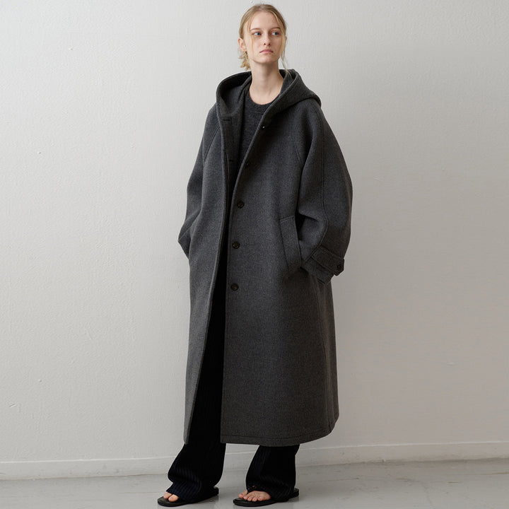 Damen Oversized Wollmantel mit Kapuze und praktischen Taschen Drune