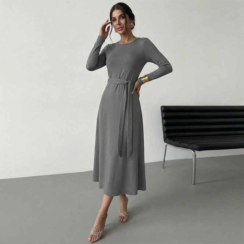Damen elegantes Midikleid mit tailliertem Gürtel und langem Arm Drune