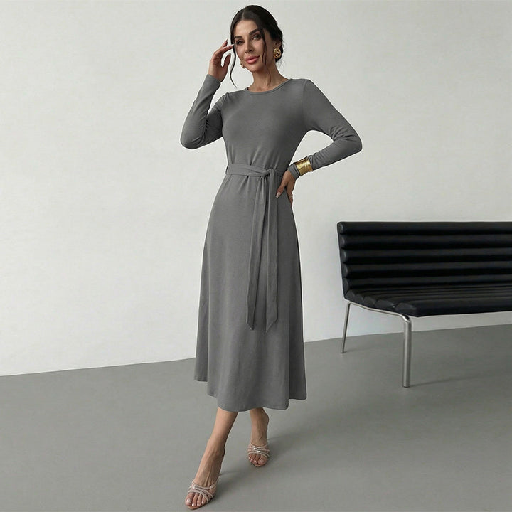 Damen elegantes Midikleid mit tailliertem Gürtel und langem Arm Drune