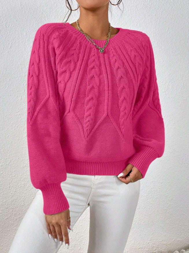 Damen nan kurzer Zopfmuster-Strickpullover mit Ballonärmeln und geripptem Saum Drune