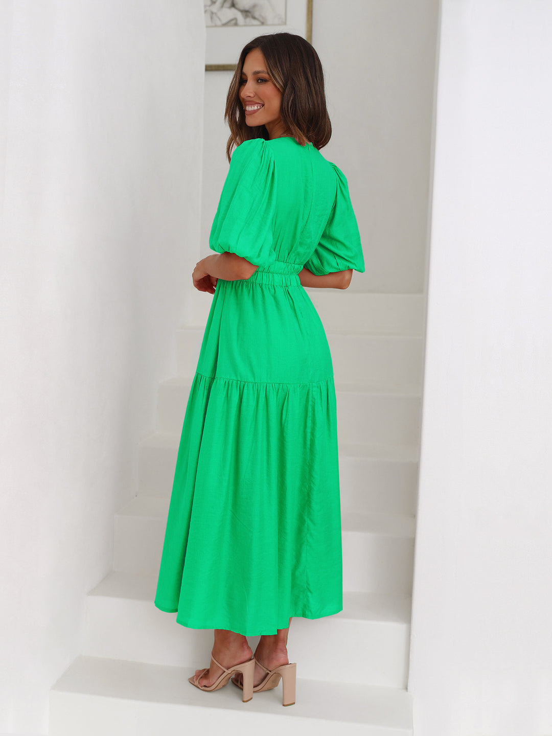 Damen Maxikleid mit Puffärmeln und elastischem Taillenbund Drune