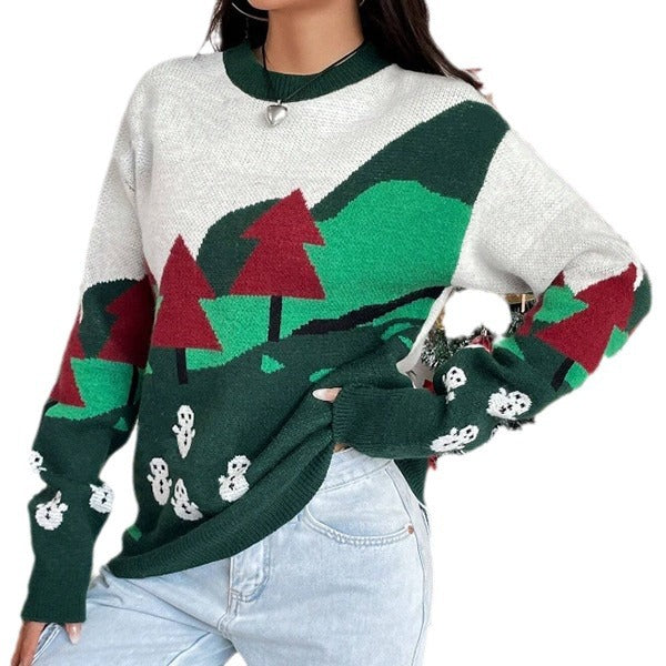 Damen Weihnachtspullover mit festlichem Schneemotiv und hohem Kragen Drune