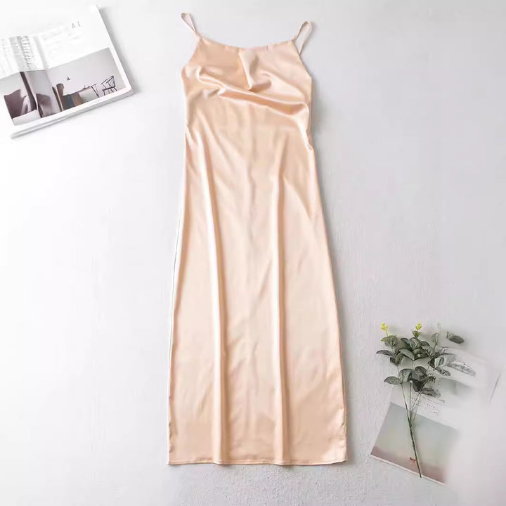 Damen Satin-Midikleid mit verführerischem V-Ausschnitt und Spaghettiträgern Drune