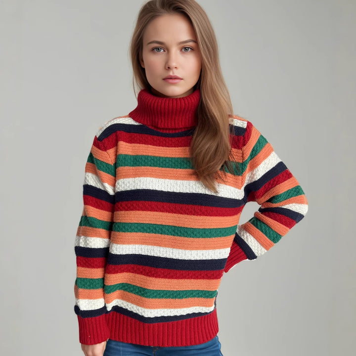 Damen Rollkragenpullover mit farbenfrohen Streifen und hochwertiger Strickqualität Drune