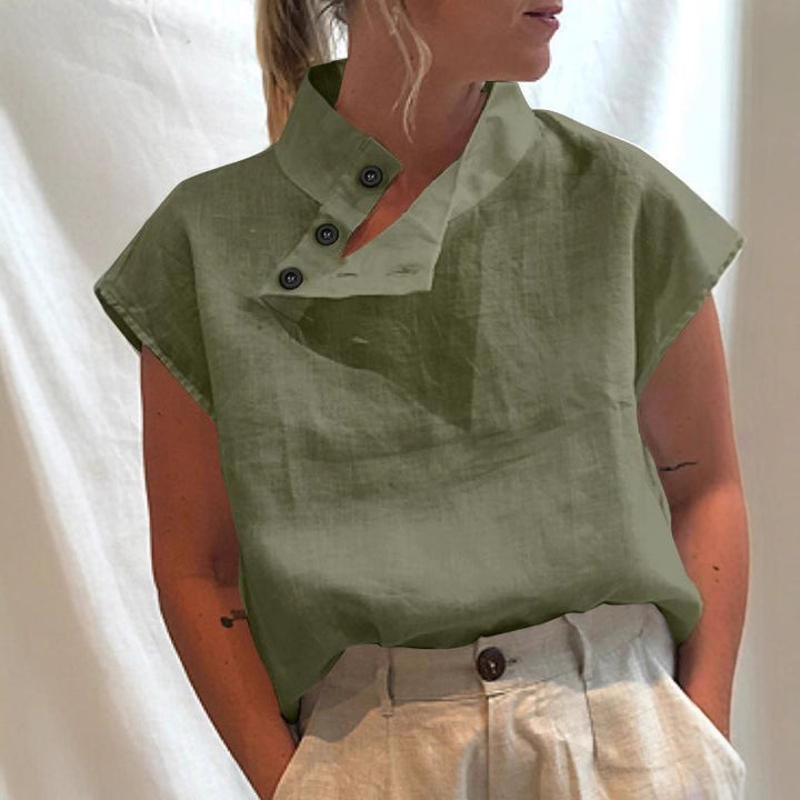 Damen moderne Bluse mit Stehkragen und eleganten Knopfdetails Drune