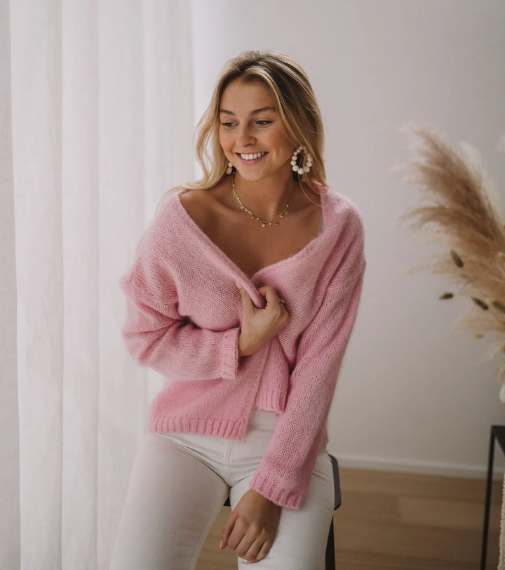 Damen gemütlicher Oversized-Pullover mit tiefem V-Ausschnitt und weicher Textur Drune