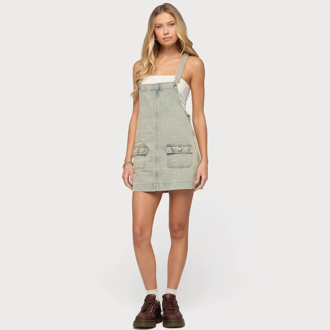 Damen Lässiges Jeanskleid mit praktischen Taschen und verstellbaren Trägern Drune