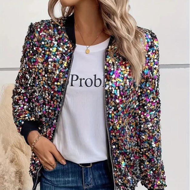 Damen Glitzer Bomberjacke mit funkelnden Pailletten und elastischen Bündchen Drune