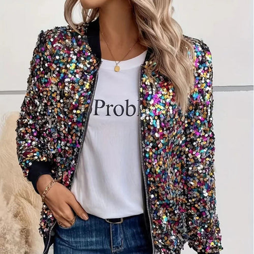 Damen Glitzer Bomberjacke mit funkelnden Pailletten und elastischen Bündchen Drune