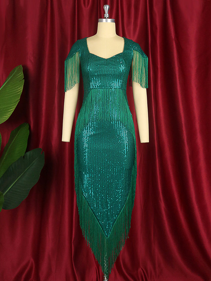 Damen glamouröses Abendkleid mit Fransendetails Drune