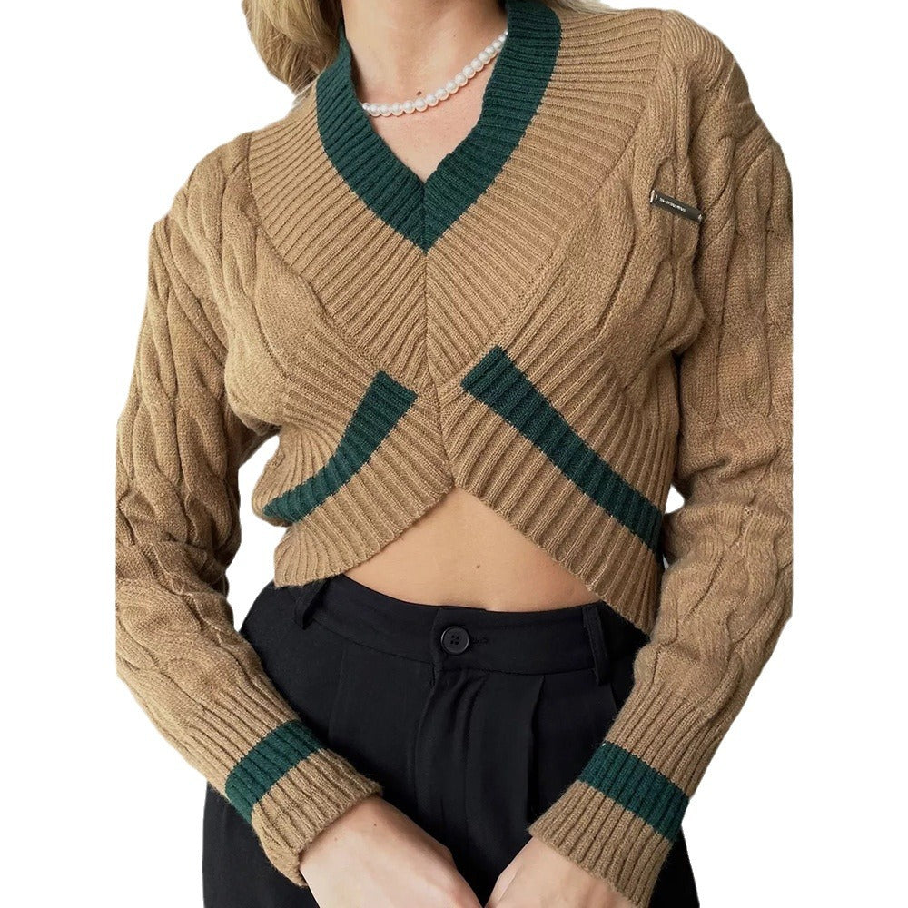 Damen Cropped Strickpullover mit V-Ausschnitt und Kontraststreifen Drune