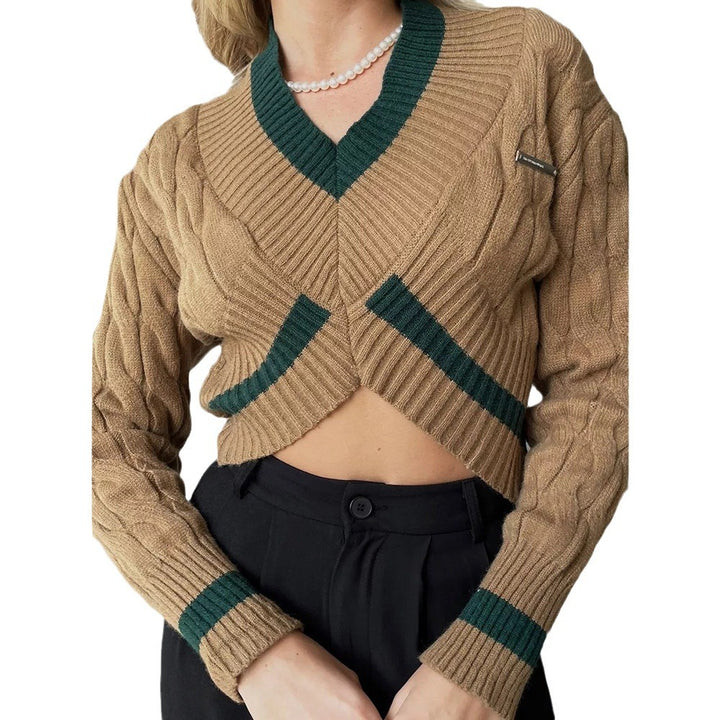 Damen Cropped Strickpullover mit V-Ausschnitt und Kontraststreifen Drune