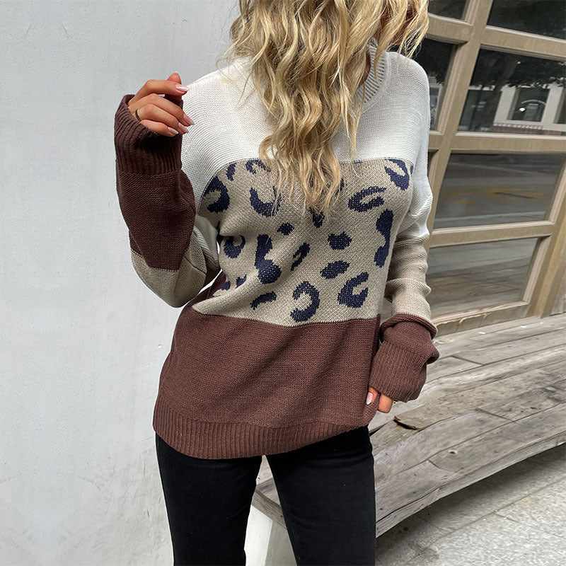 Damen lockerer Strickpullover mit tierischem Muster und modernem Farbblockdesign Drune