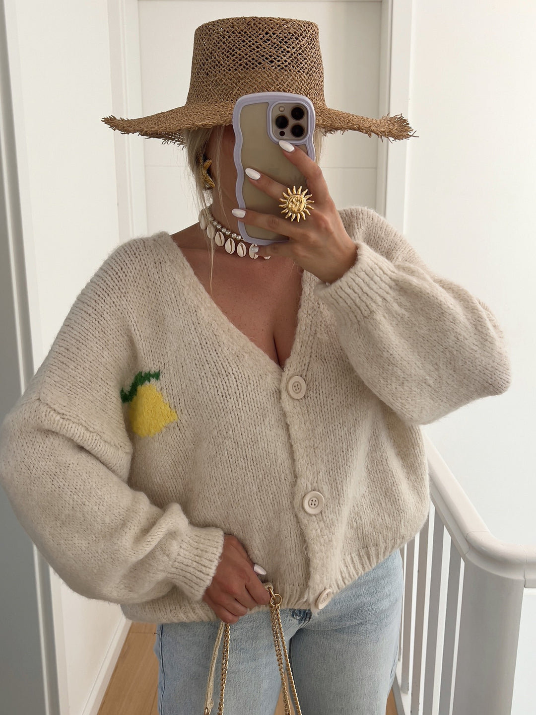 Damen Grobstrick Cardigan mit fröhlichem Motiv Drune